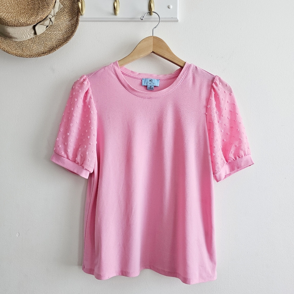 CeCe Pink Clip Dot Puff Sleeve Knit Top Shirt PM Petite Medium